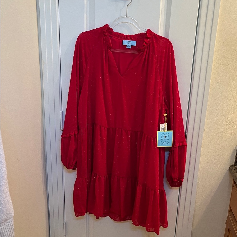 CeCe Red Ruffled V-Neck Tiered Dress